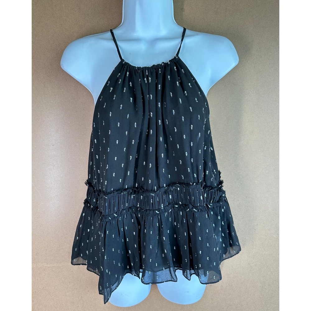 Joie Halter Top Silk Blend Black Silver Metallic Clip Dot Peplum Small Evening - Picture 2 of 13